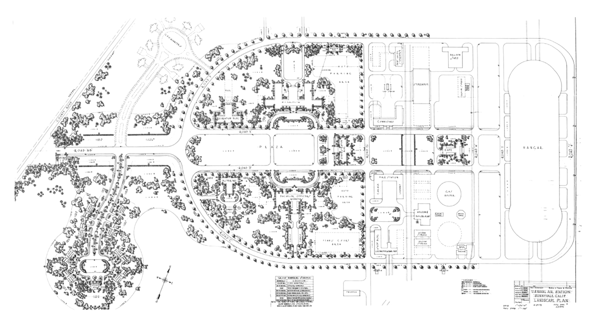 A landscape plan with the location of Hangar 1 and the trees, buildings, and roads flanking a large, central open space, known as Shenandoah Plaza.