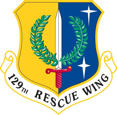 A logo of a shield with a laurel wreath. It is divided by a long sword into a yellow half and blue half with 2 stars. 129th Rescue Wing is written below.