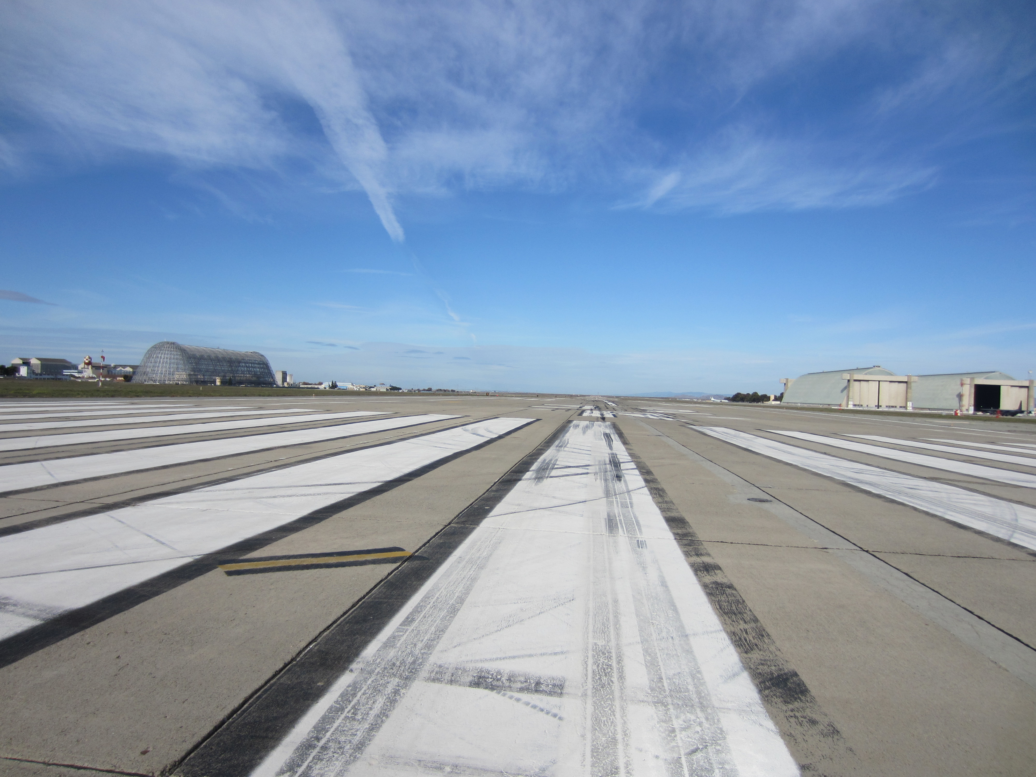 Moffett Federal Airfield aircraft runway with views of hangars 1, 2, and 3
