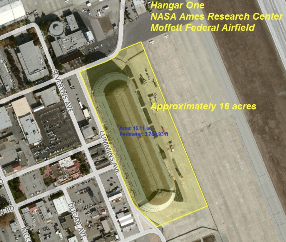 Aerial view of Moffett Field showing Hangar 1 lease option area outlined