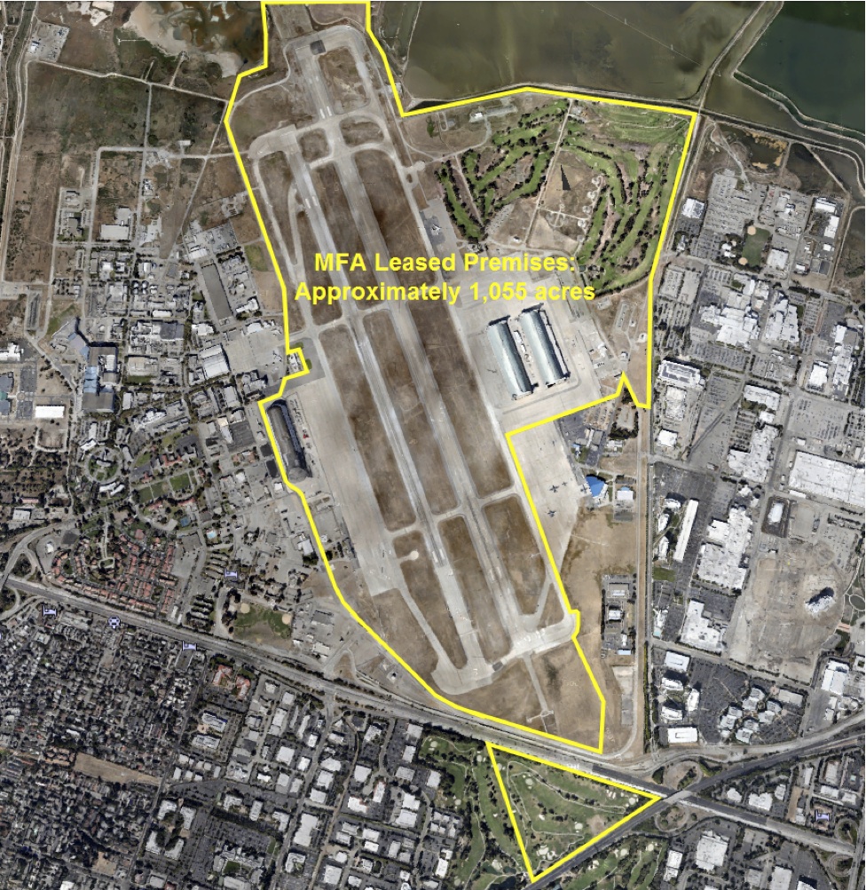 Aerial view of Moffett Field area with Moffett Federal Airfield lease option area outlined